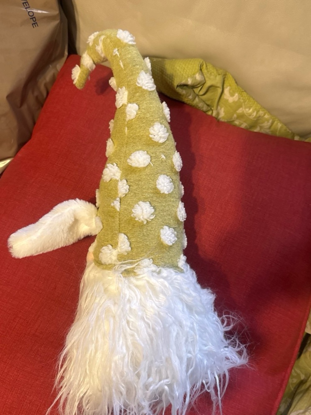 Plush Holiday Gnome Pillow in Olive Green and White - Unbranded
